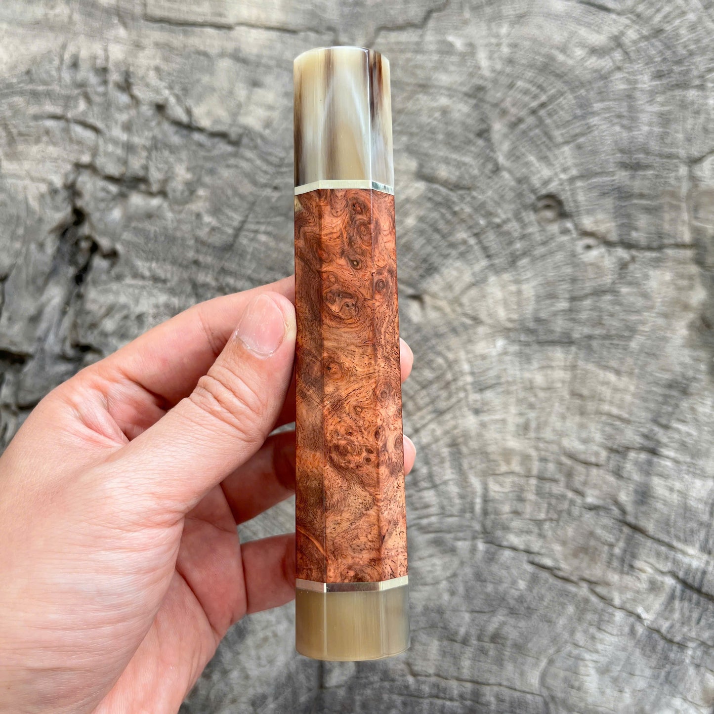 I - 3 Two tone Amboyna Burl Wa handle, Marble horn ferrule and End cap, Nickel spacer - 145mm