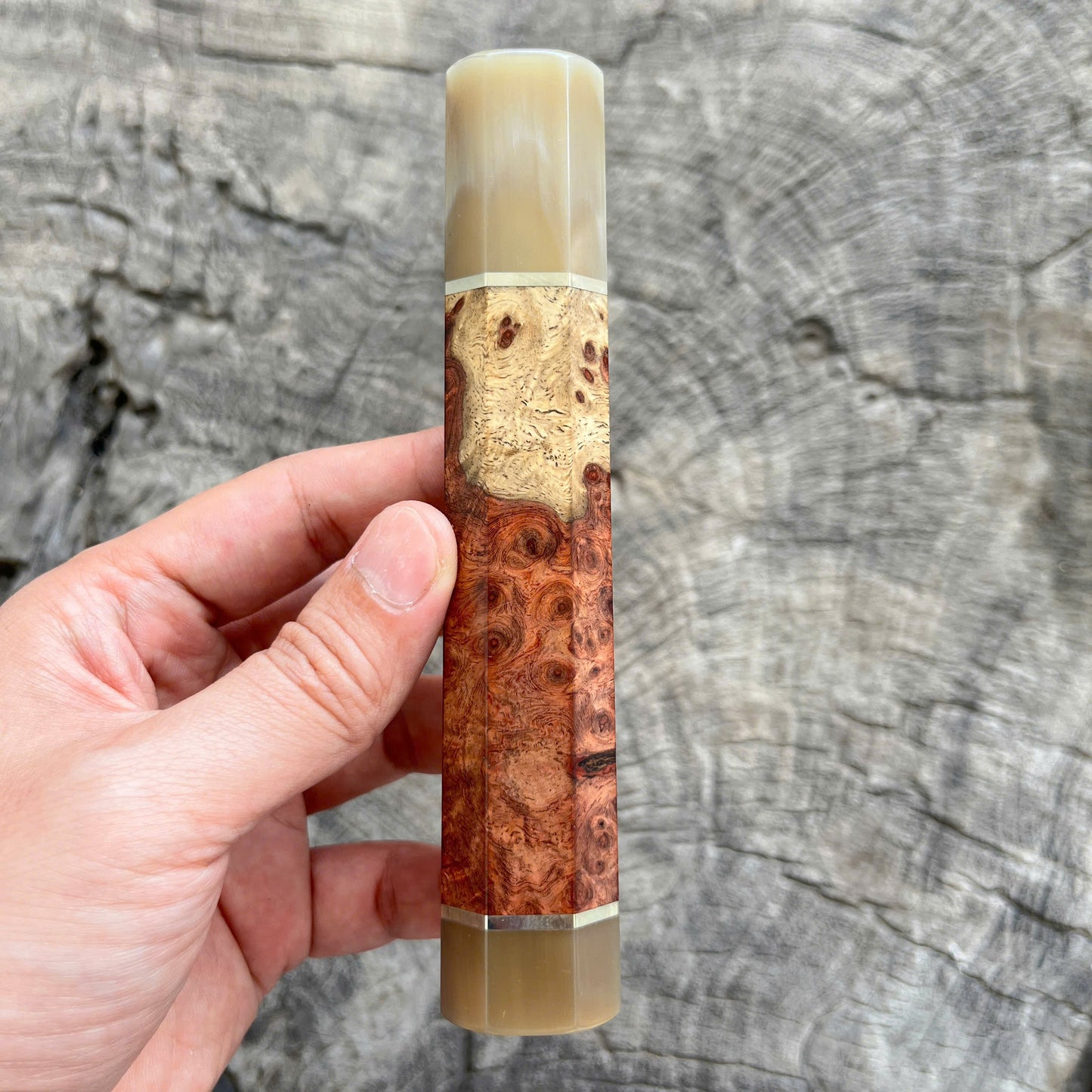 I - 3 Two tone Amboyna Burl Wa handle, Marble horn ferrule and End cap, Nickel spacer - 145mm