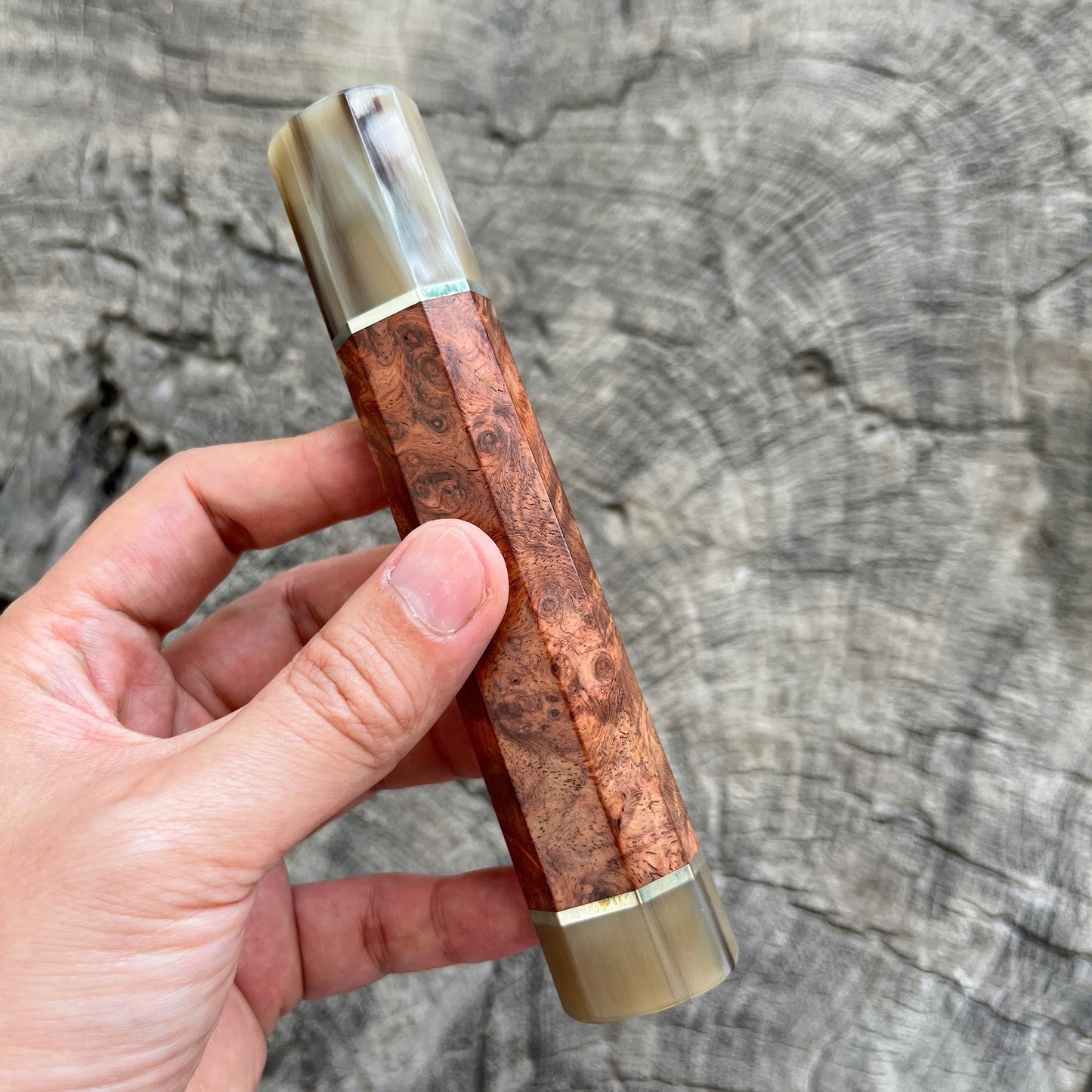 I - 3 Two tone Amboyna Burl Wa handle, Marble horn ferrule and End cap, Nickel spacer - 145mm