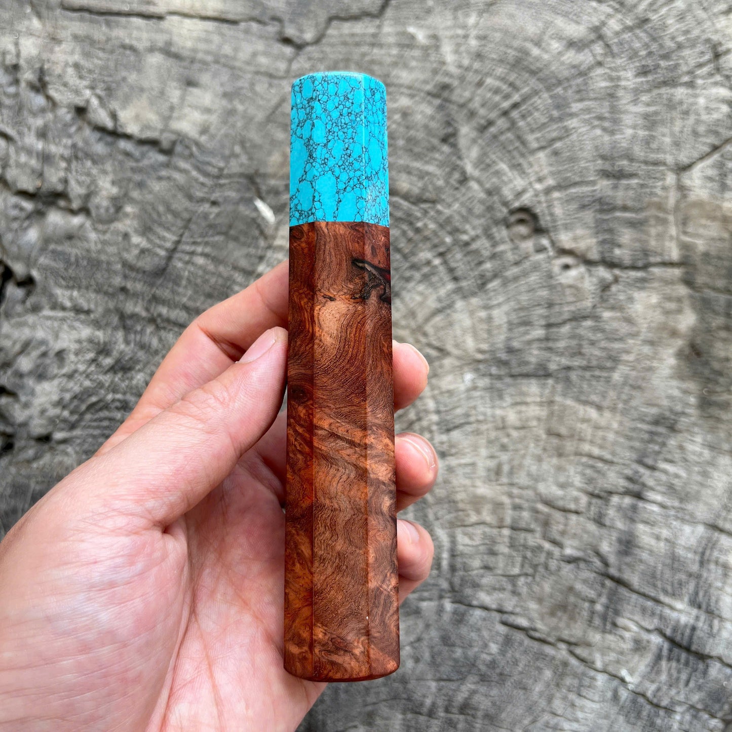 I- 15 Amboyna Burl Wa handle, Turquoise stone ferrule - 135mm