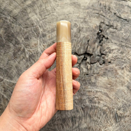 I -5 Curly Two tone Hawaiian Koa Wa handle, white horn ferrule,  145 mm handle