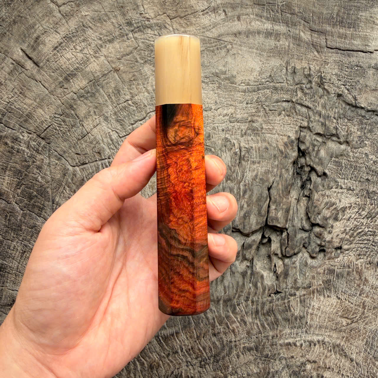 I -8 Curly Siamese Rosewood Wa handle, Pure white horn ferrule,  145 mm handle
