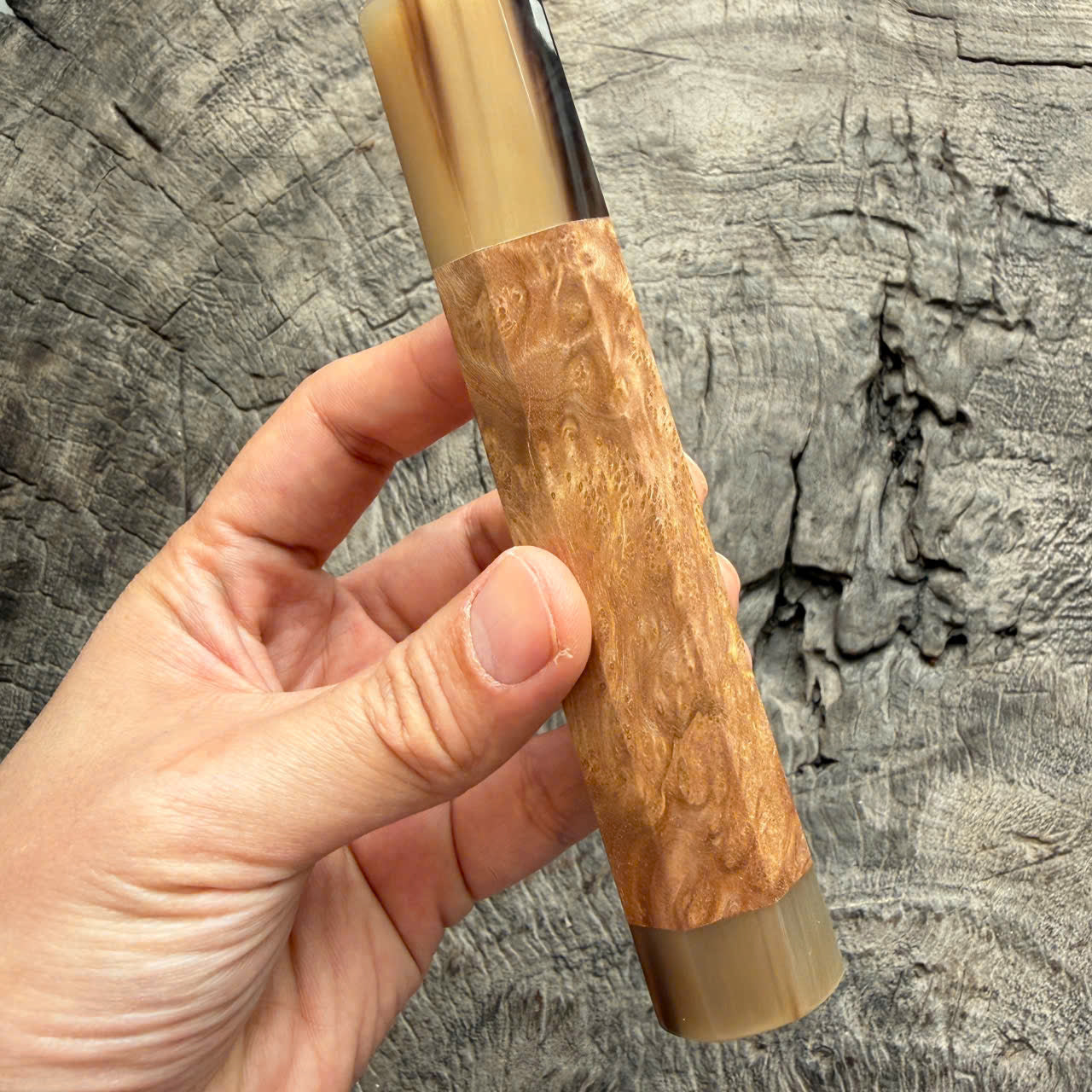 I - Burl crape myrtle Wa handle, Marble horn ferrule - end cap- 145 mm