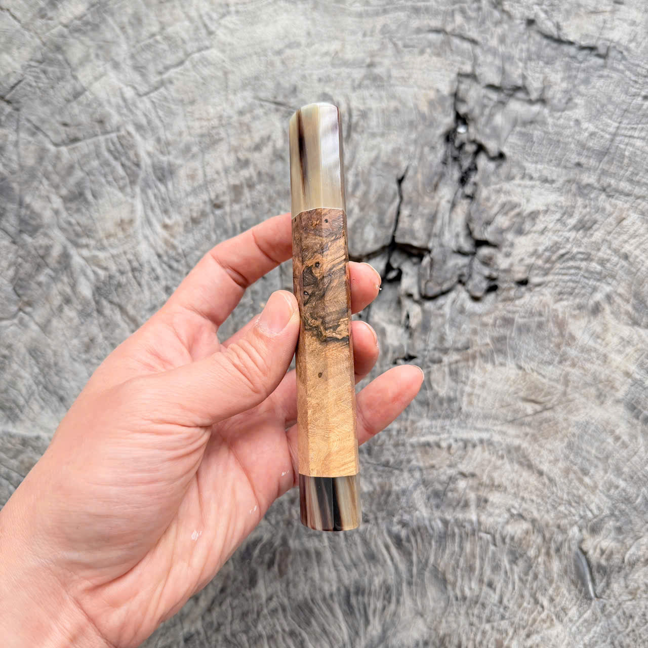 I - Slim Ebony burl Wa handle, Marble Horn Ferrule and End cap,  140 mm