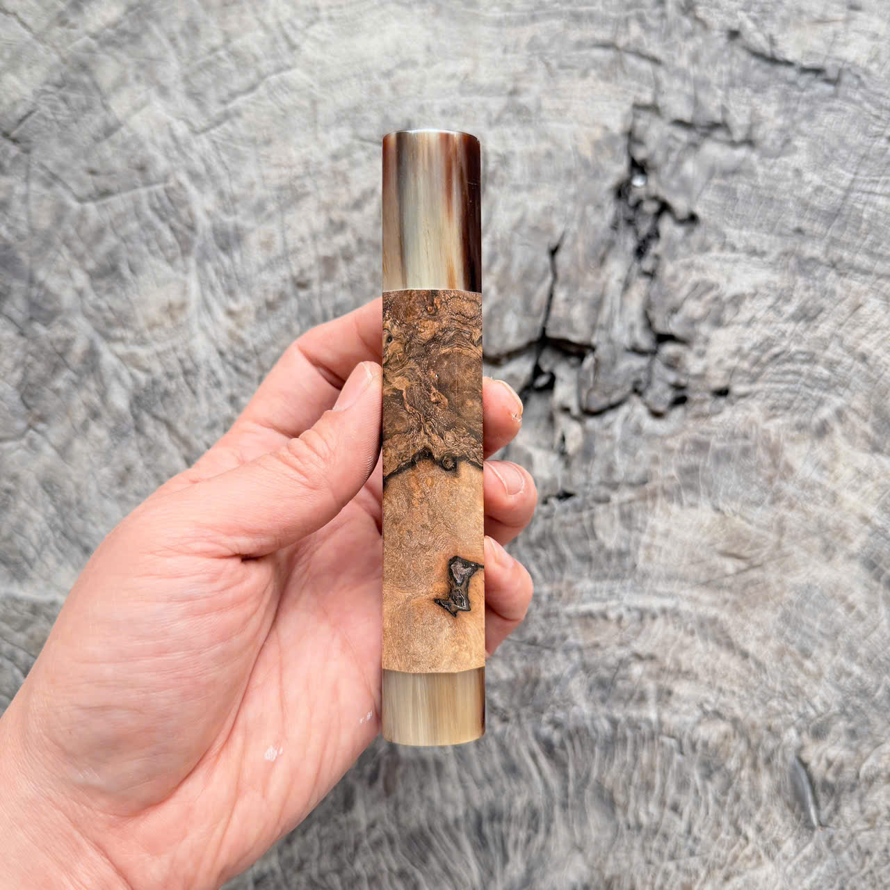 I - Slim Ebony burl Wa handle, Marble Horn Ferrule and End cap,  140 mm