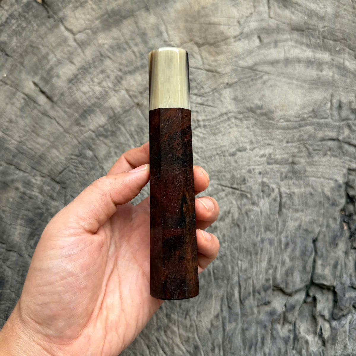 I - Rare Dark Burl Siamese Rosewood Wa handle, Black Cream Horn Ferruel, 145 mm handle