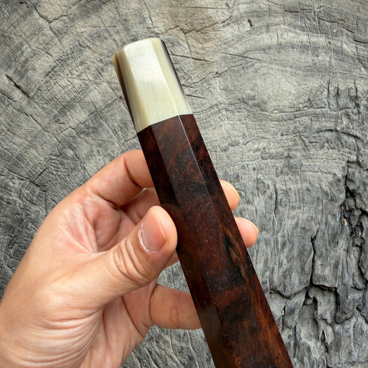 I - Rare Dark Burl Siamese Rosewood Wa handle, Black Cream Horn Ferruel, 145 mm handle