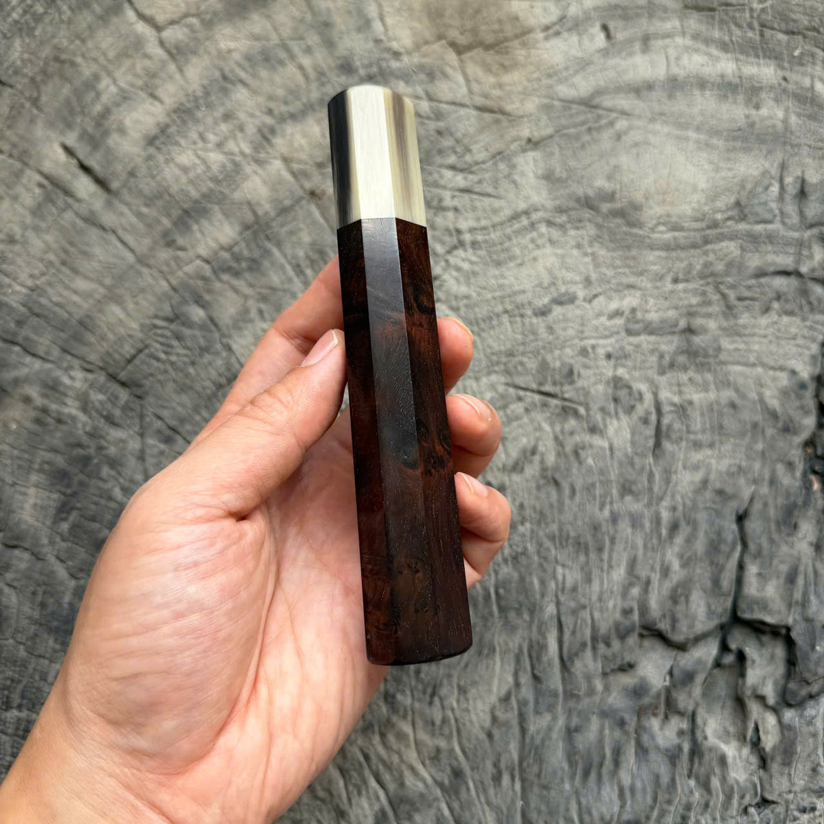 I - Rare Dark Burl Siamese Rosewood Wa handle, Black Cream Horn Ferruel, 145 mm handle