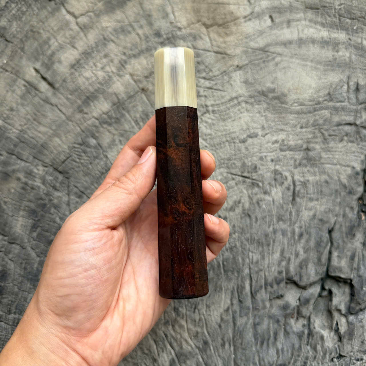 I - Rare Dark Burl Siamese Rosewood Wa handle, Black Cream Horn Ferruel, 145 mm handle