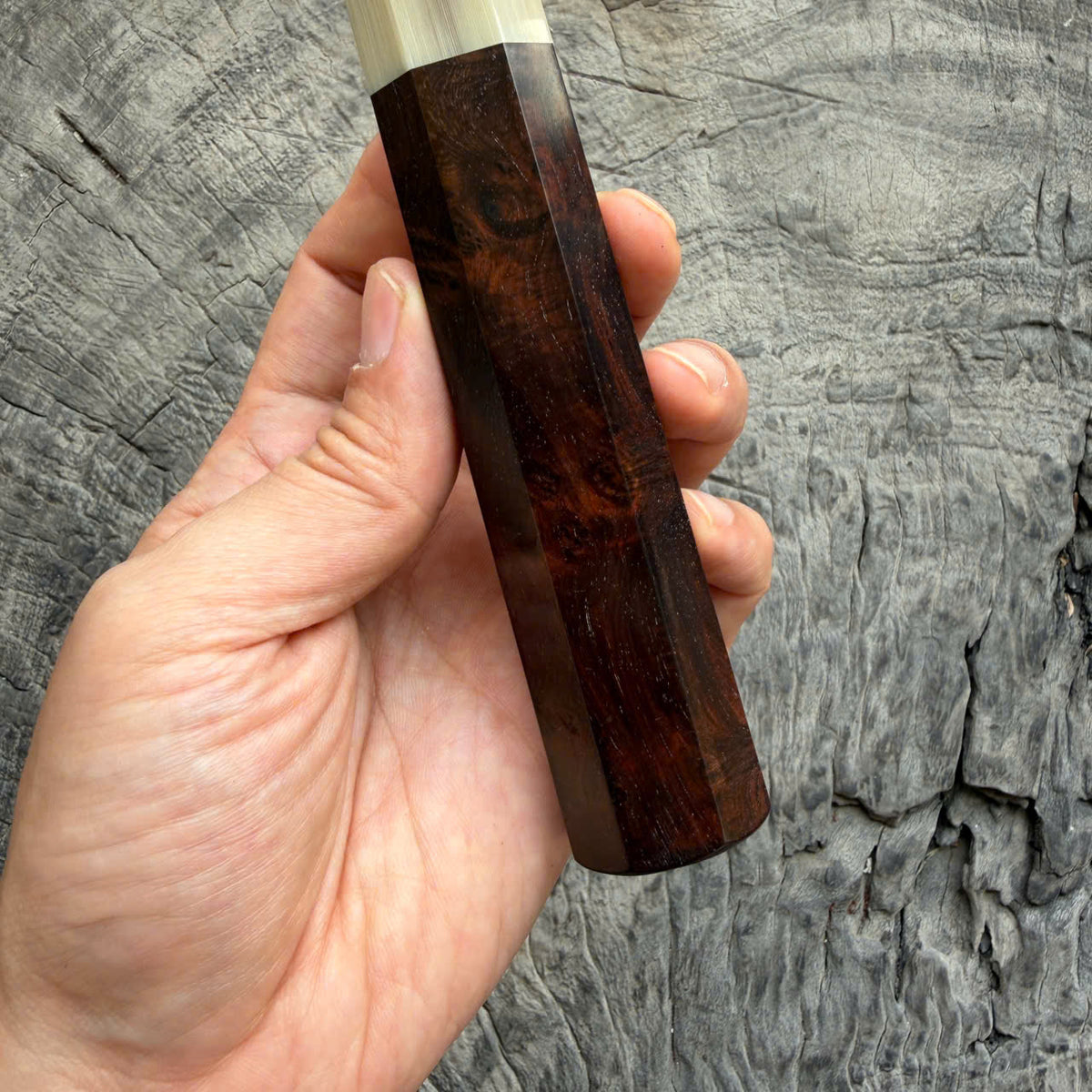 I - Rare Dark Burl Siamese Rosewood Wa handle, Black Cream Horn Ferruel, 145 mm handle