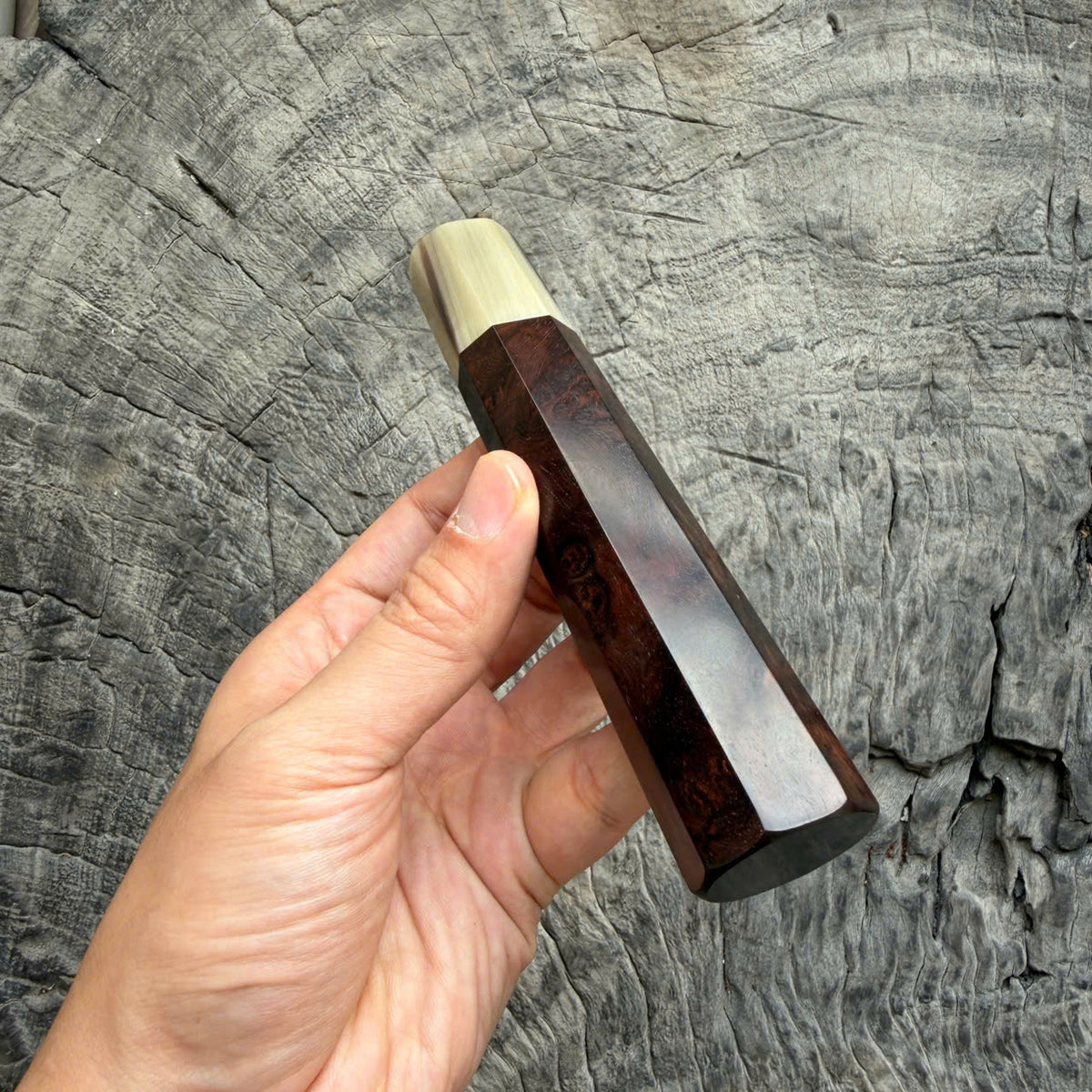I - Rare Dark Burl Siamese Rosewood Wa handle, Black Cream Horn Ferruel, 145 mm handle