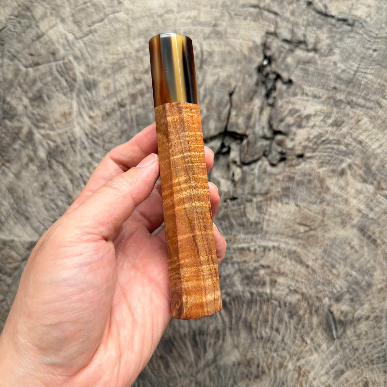 I -4 Curly Hawaiian Koa Wa handle, marble horn ferrule,  145 mm handle