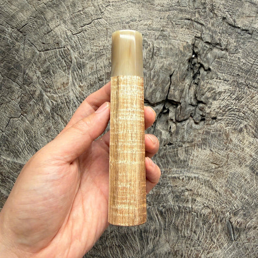 I -5 Curly Two tone Hawaiian Koa Wa handle, white horn ferrule,  145 mm handle