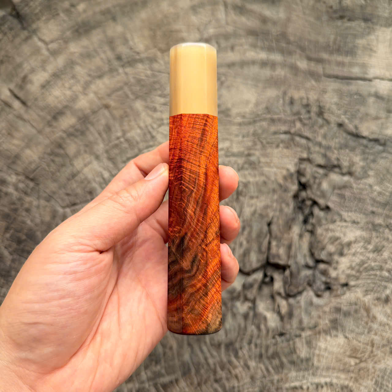 I -8 Curly Siamese Rosewood Wa handle, Pure white horn ferrule,  145 mm handle