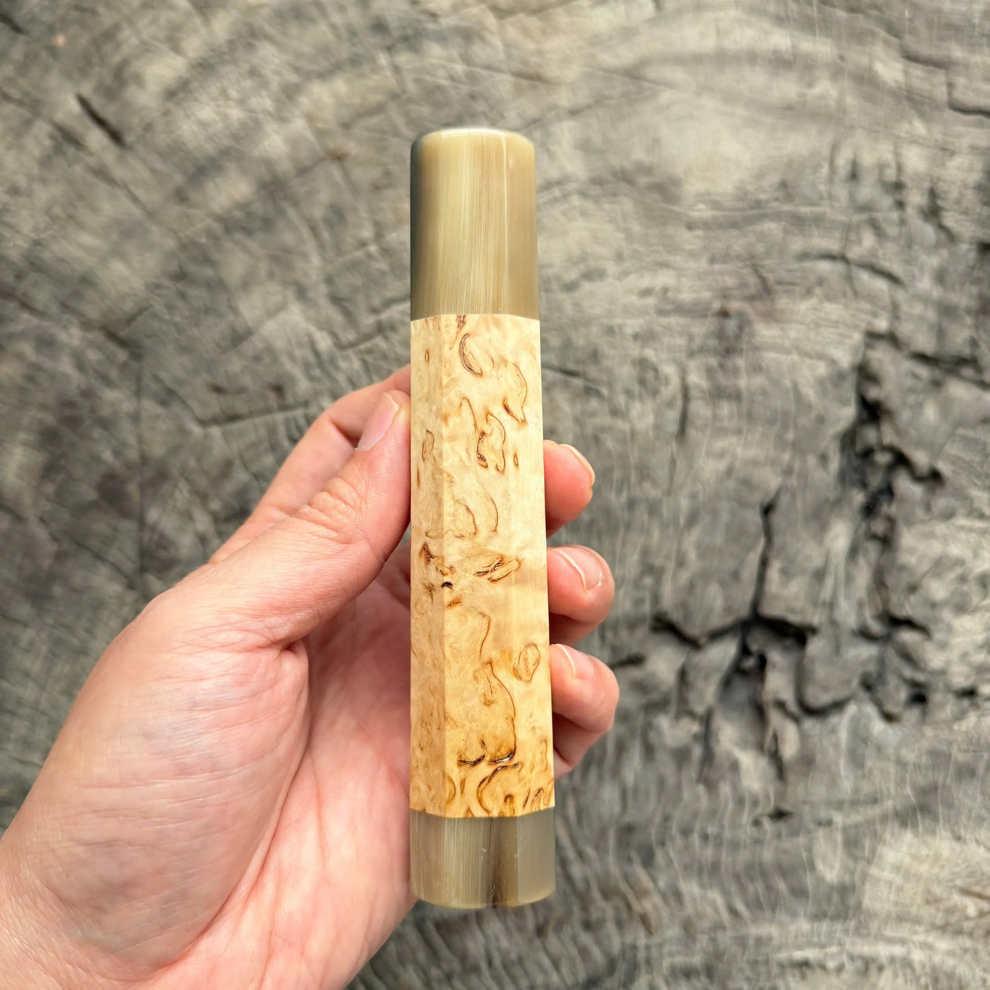 I - 6 Karelian birch Wa handle, Nice White Horn Ferrule and Endcap - 145 mm