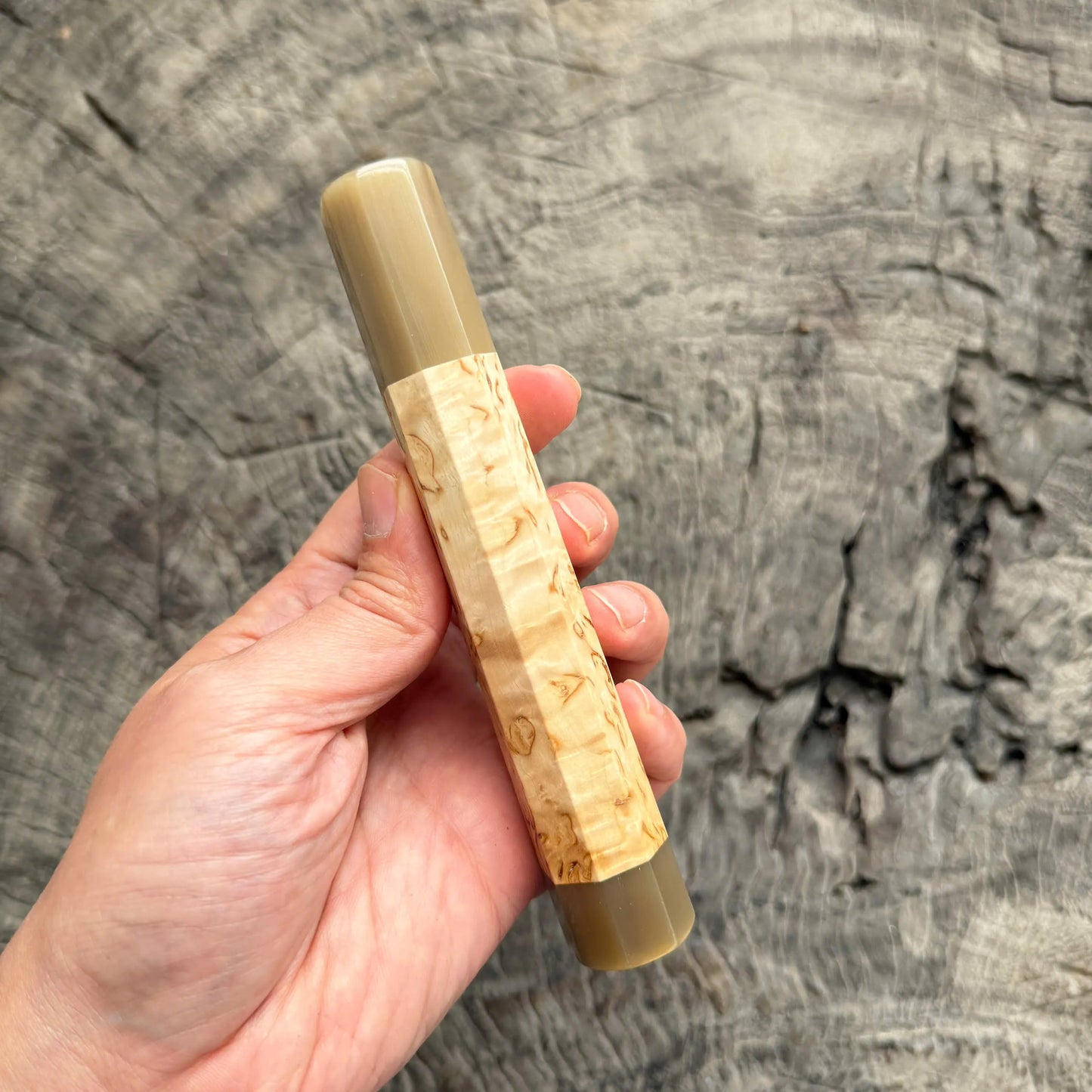 I - 6 Karelian birch Wa handle, Nice White Horn Ferrule and Endcap - 145 mm