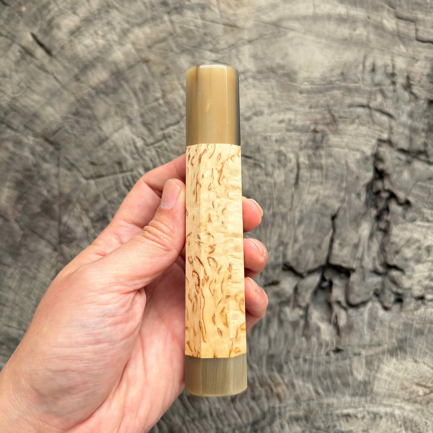 I - 6 Karelian birch Wa handle, Nice White Horn Ferrule and Endcap - 145 mm