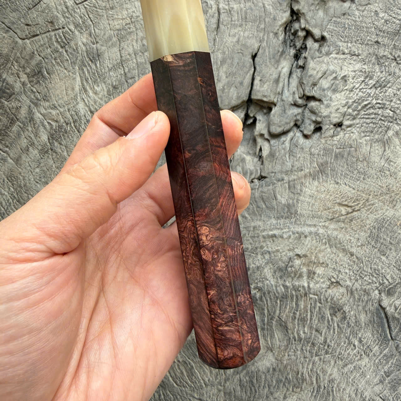 I - Honduras rosewood burl Wa handle, White horn ferrule - 145 mm