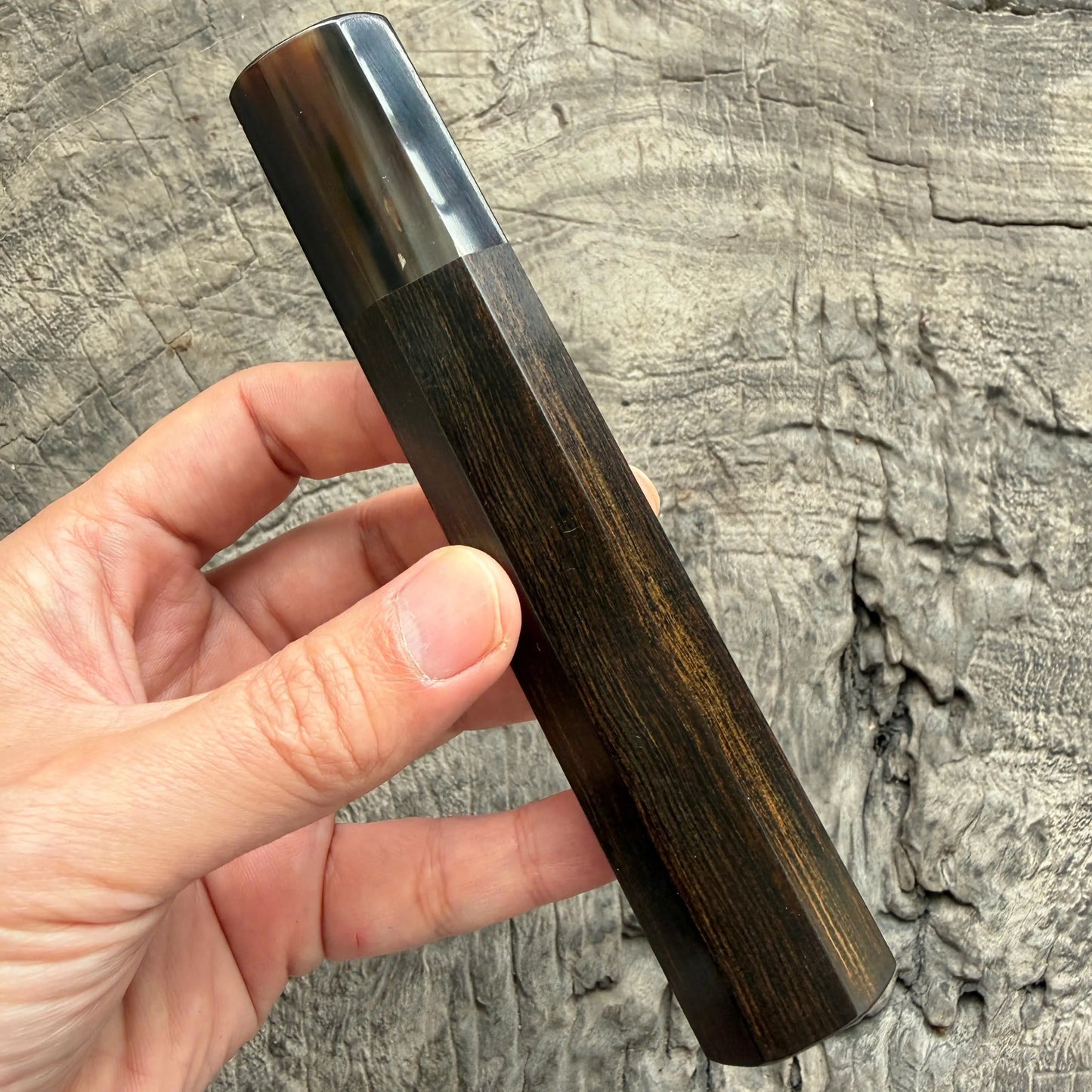 I - 28 Tight Grain Ebony Wa handle,  Caramel Marble horn ferrule - 145 mm
