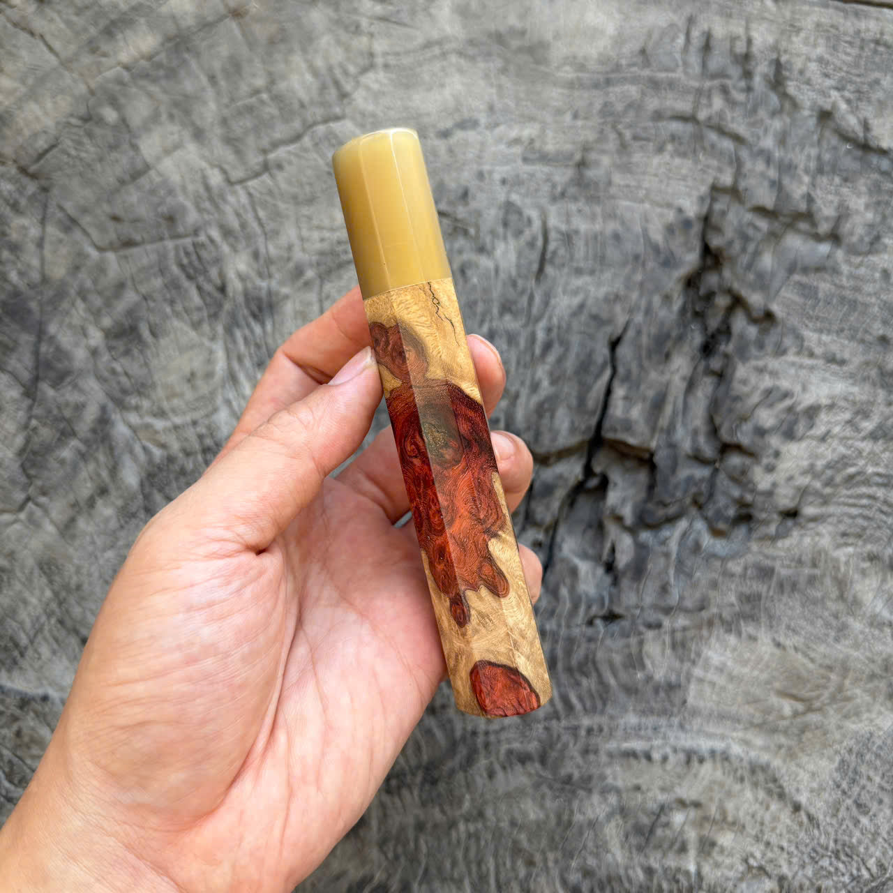 I- 3 Two tone Amboyna Burl Wa handle, White Horn Ferrule, 135mm handle