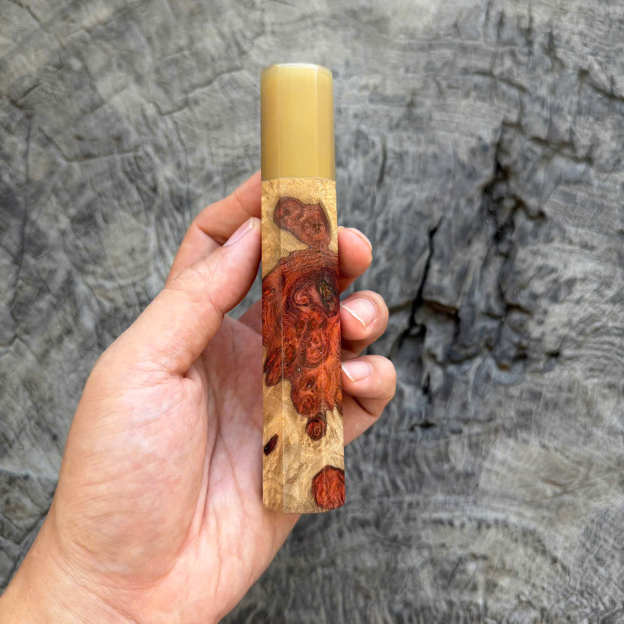 I- 3 Two tone Amboyna Burl Wa handle, White Horn Ferrule, 135mm handle