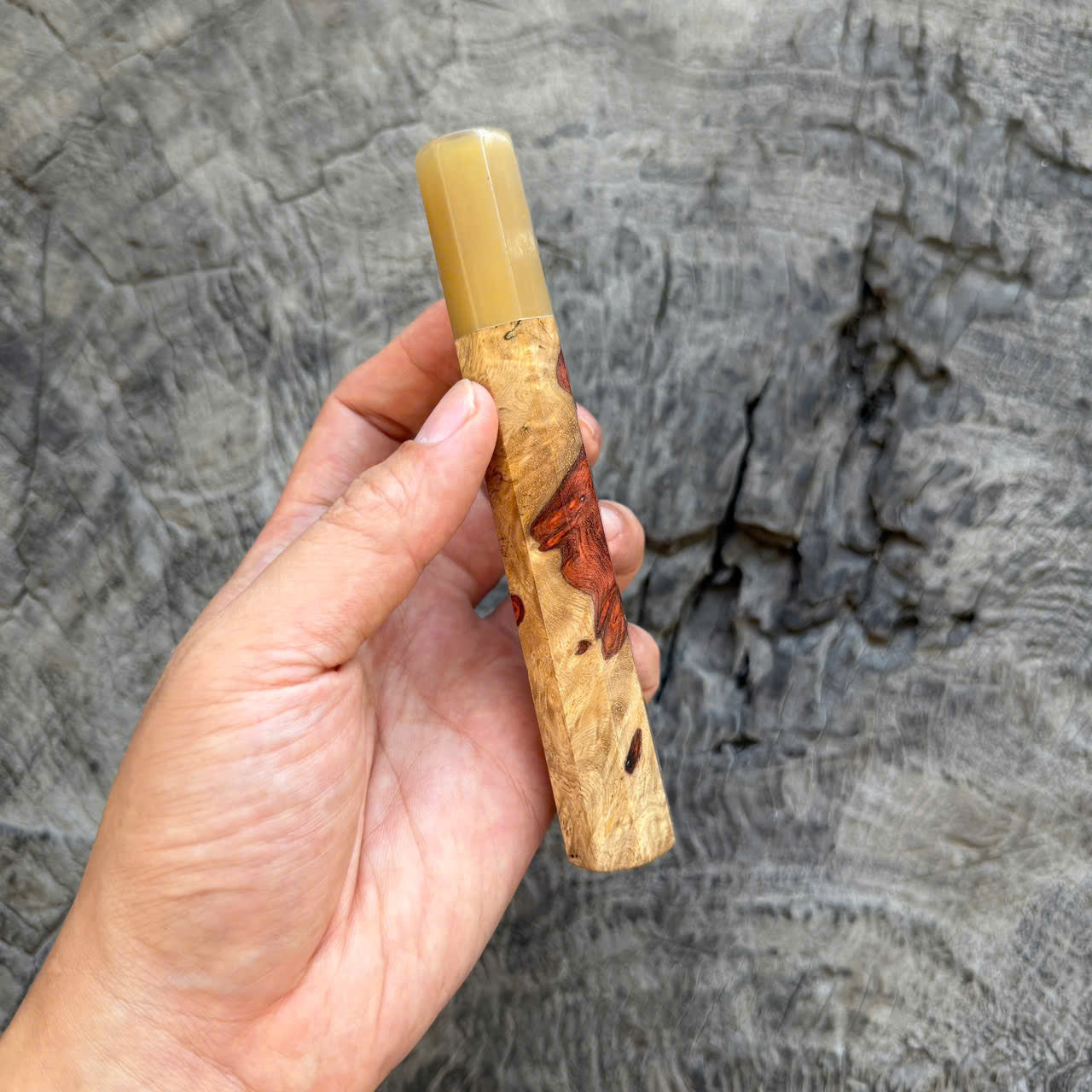 I- 3 Two tone Amboyna Burl Wa handle, White Horn Ferrule, 135mm handle