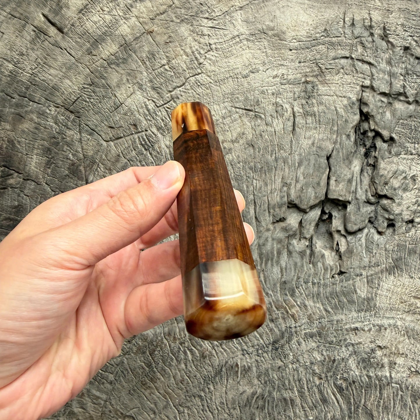 I - 10 Nice Curly Siamese Rosewood Wa handle, Marble horn Ferrule and Endcap - 145 mm