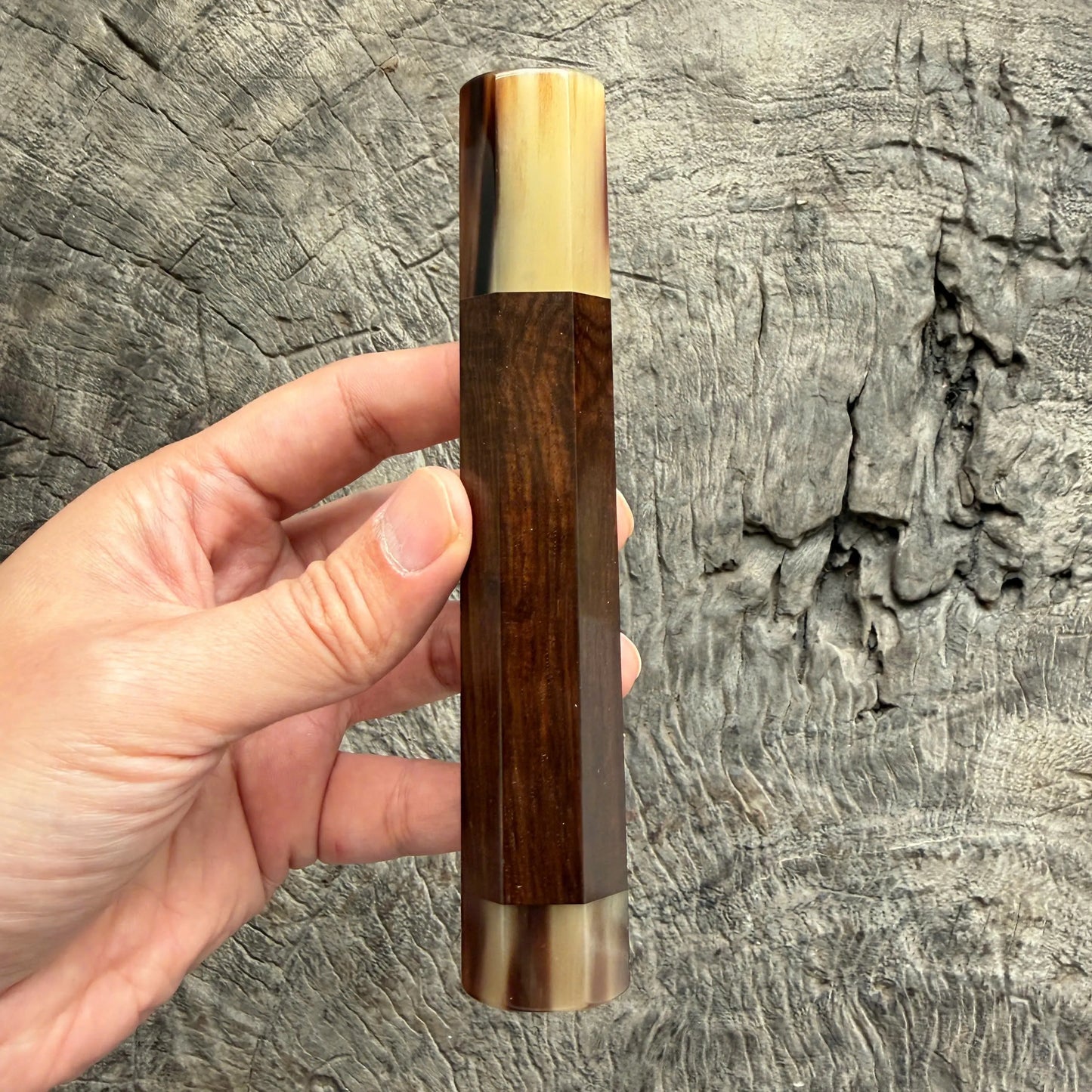 I - 10 Nice Curly Siamese Rosewood Wa handle, Marble horn Ferrule and Endcap - 145 mm