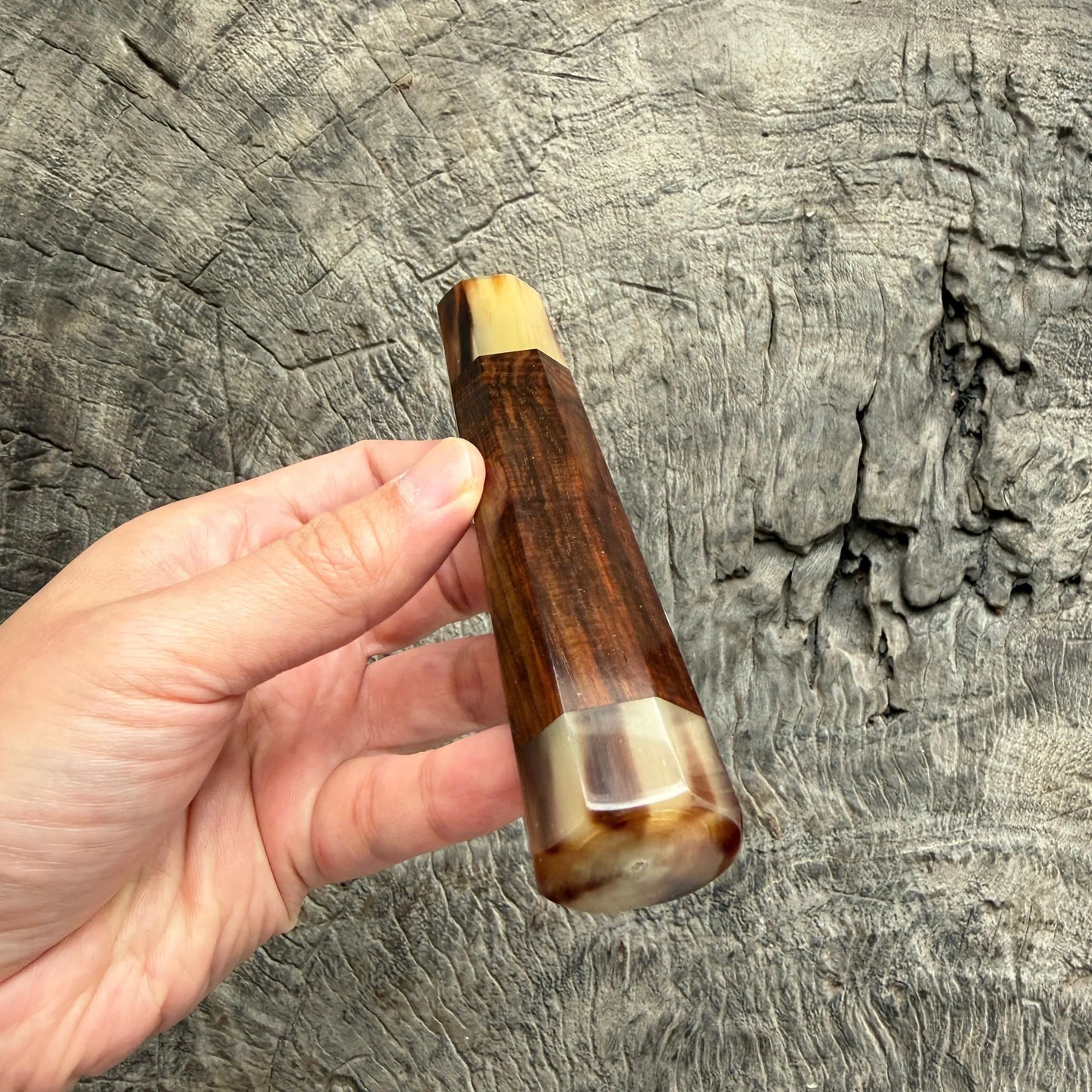 I - 10 Nice Curly Siamese Rosewood Wa handle, Marble horn Ferrule and Endcap - 145 mm