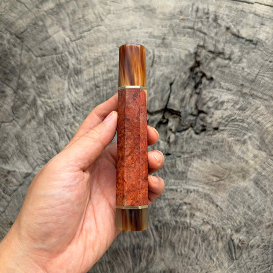 I- Amboyna burl Wa handle, Marble horn ferrule End cap, Nickel Spacer, 145 mm for Yana