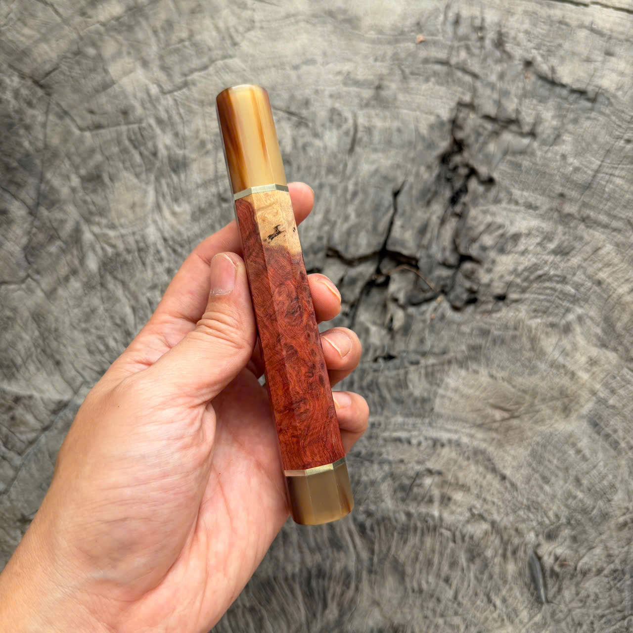 I- Amboyna burl Wa handle, Marble horn ferrule End cap, Nickel Spacer, 145 mm for Yana