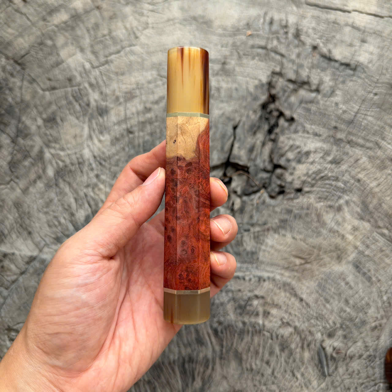 I- Amboyna burl Wa handle, Marble horn ferrule End cap, Nickel Spacer, 145 mm for Yana