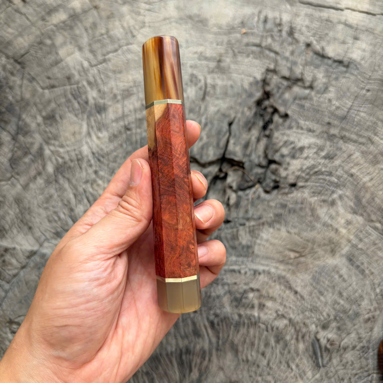 I- Amboyna burl Wa handle, Marble horn ferrule End cap, Nickel Spacer, 145 mm for Yana