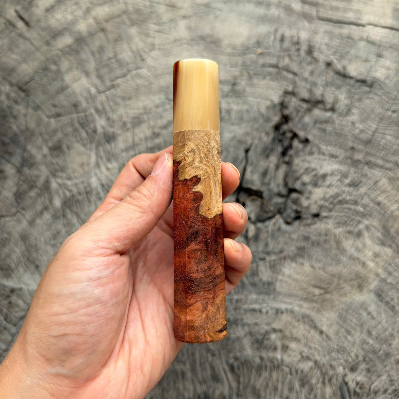I- 6 Two tone Amboyna Burl Wa handle, White horn ferrule, 135mm handle