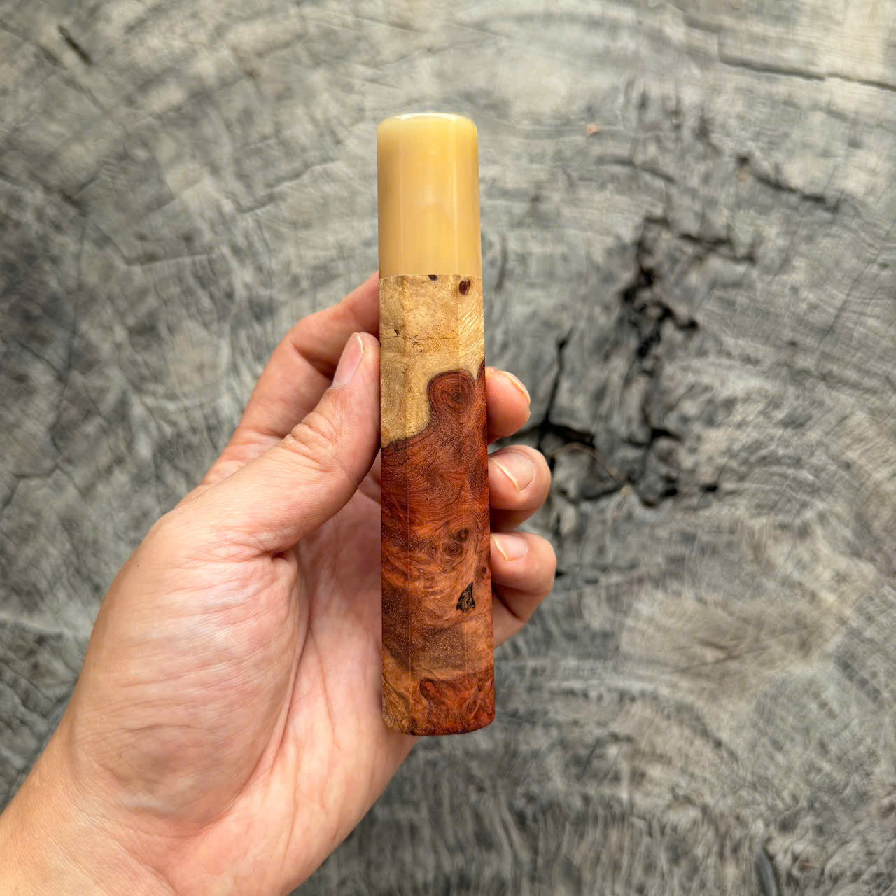 I- 6 Two tone Amboyna Burl Wa handle, White horn ferrule, 135mm handle