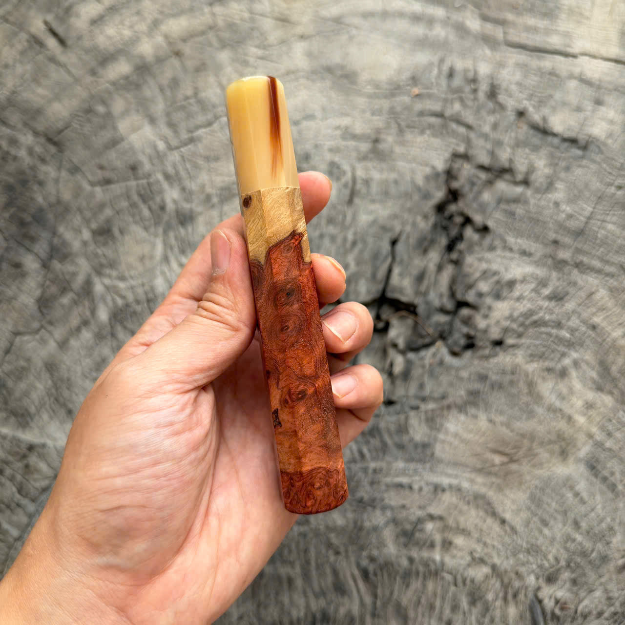 I- 6 Two tone Amboyna Burl Wa handle, White horn ferrule, 135mm handle