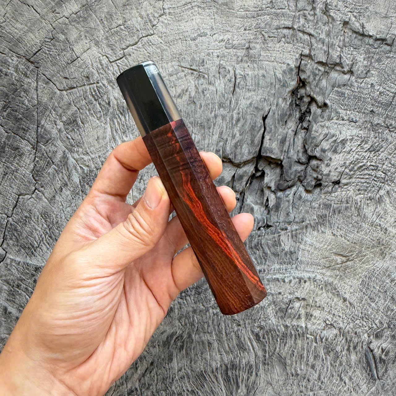 I- Curly Black Red Siamese Rosewood Wa handle, Marble horn ferrule, 135mm handle