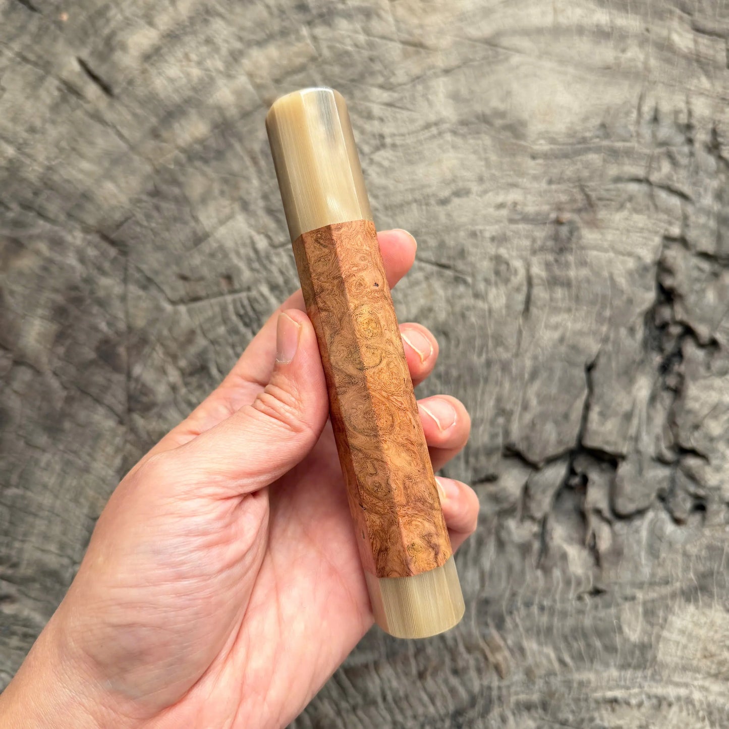 I -  4 Viet Burl Ironwood Wa handle, Nice White Horn Ferrule and Endcap - 145 mm