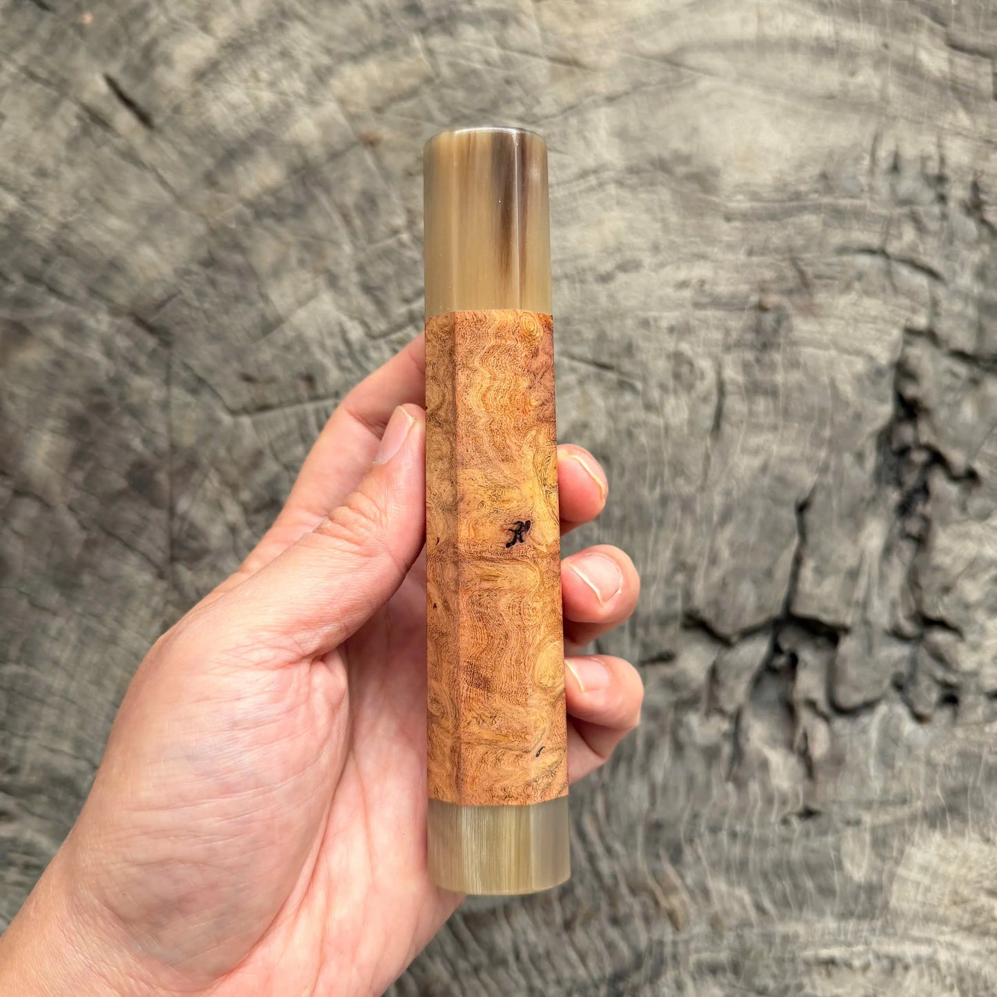 I -  4 Viet Burl Ironwood Wa handle, Nice White Horn Ferrule and Endcap - 145 mm