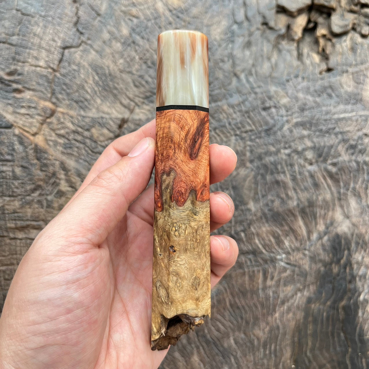 I -2 Live Edge Amboyna burl Wa handle with marble horn and black G10 spacer  - 145mm