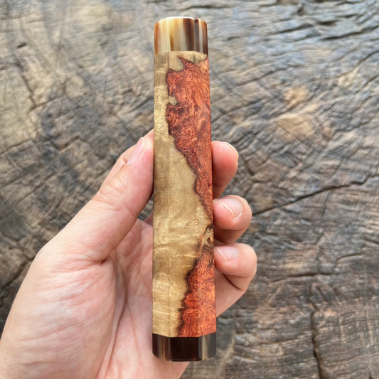 I-  7 Amboyna Burl Wa handle with short marble horn ferrule and end cap - 140mm
