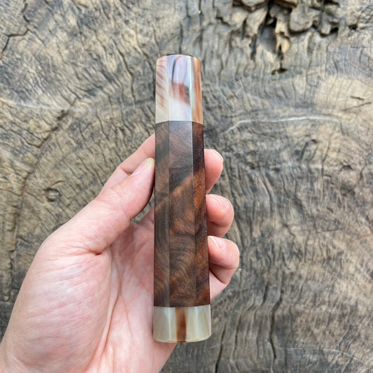I - 3 Curly Dark Siam Rosewood burl Wa handle with marble horn and endcap- 140mm
