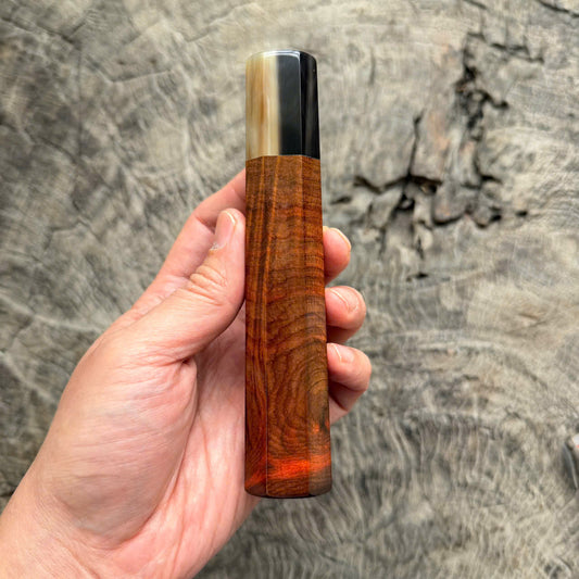 I - Curly Siamese Rosewood Wa handle with Horizontal grain, Marble horn ferrule,  145 mm handle