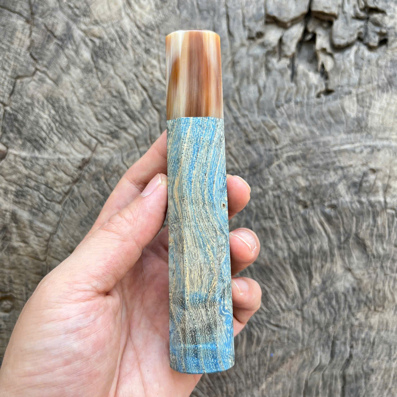 I - Light blue stabilized wood Wa handle,  marble horn ferrule - 140mm