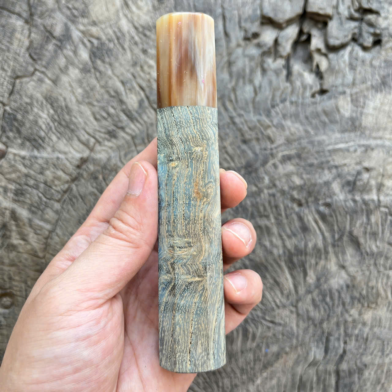 I - Light blue stabilized wood Wa handle,  marble horn ferrule - 140mm