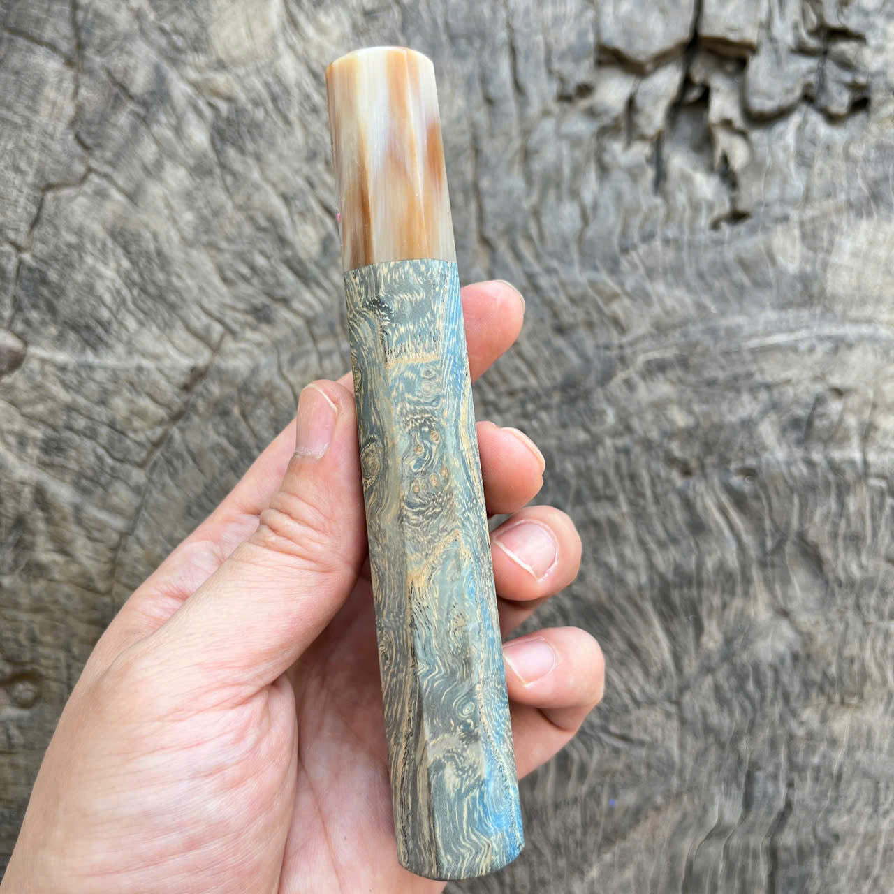 I - Light blue stabilized wood Wa handle,  marble horn ferrule - 140mm
