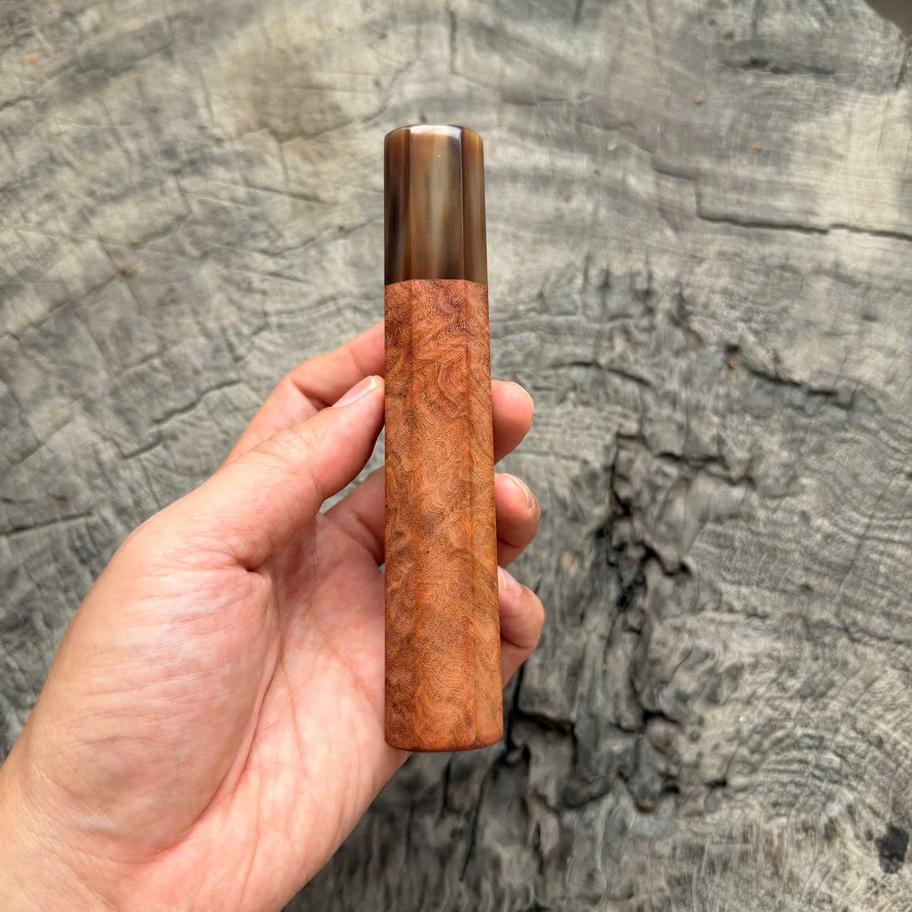 I - 5 Viet Ironwood Burl Wa handle, Marble horn ferrule, 140mm handle