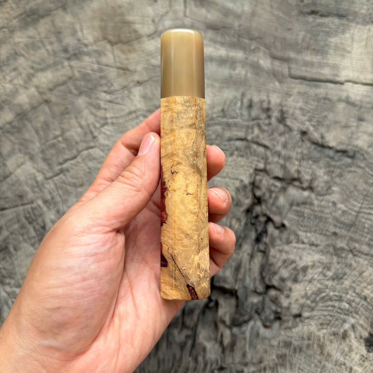 I- 10 Two tone Amboyna Burl Wa Handle, White Horn  Ferrule, 135mm handle
