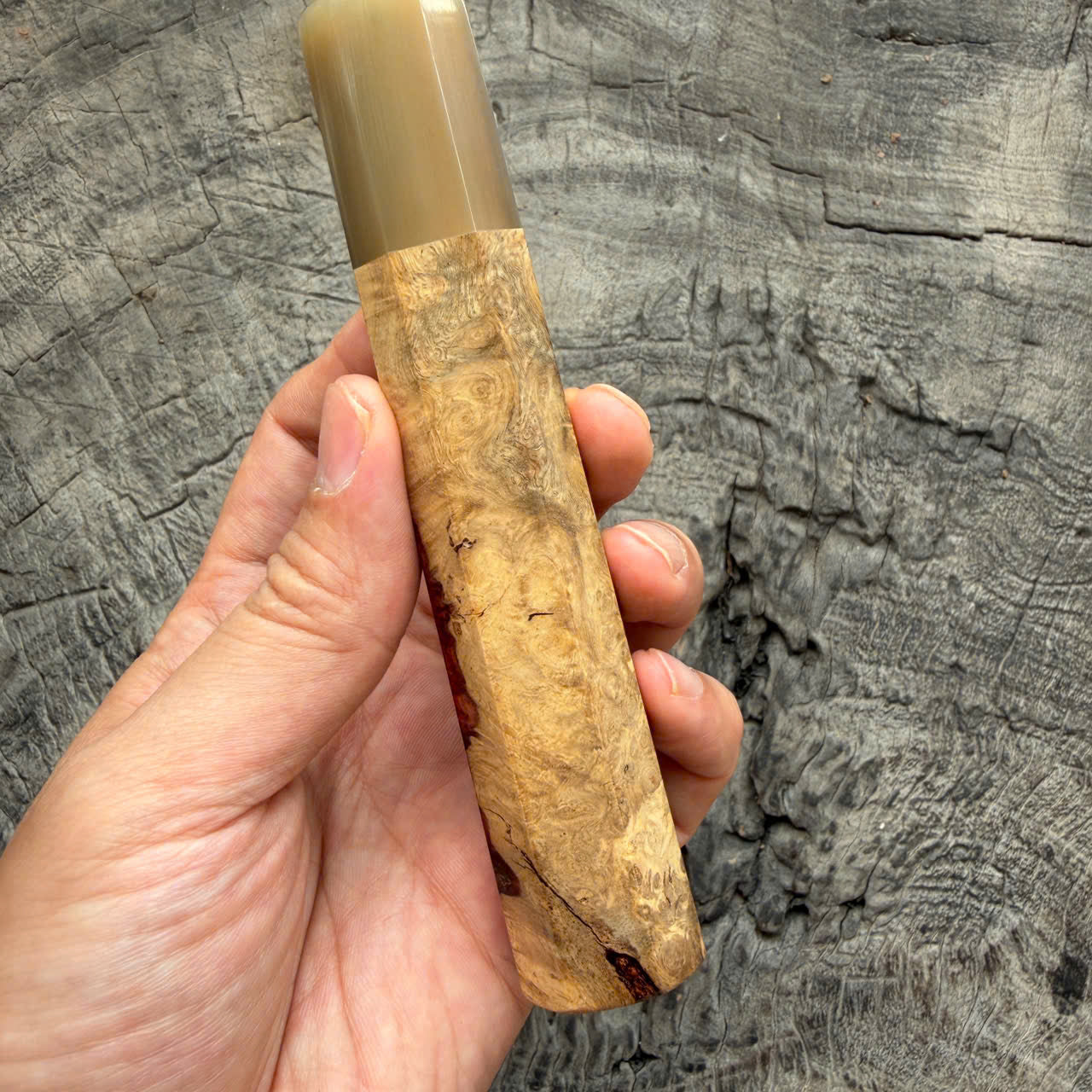 I- 10 Two tone Amboyna Burl Wa Handle, White Horn  Ferrule, 135mm handle
