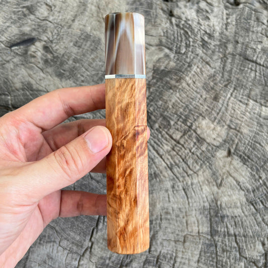 I - Rare Japanese Tamamoku Cedar Wa handle, Marble horn ferrule, Nickel spacer - 145 mm